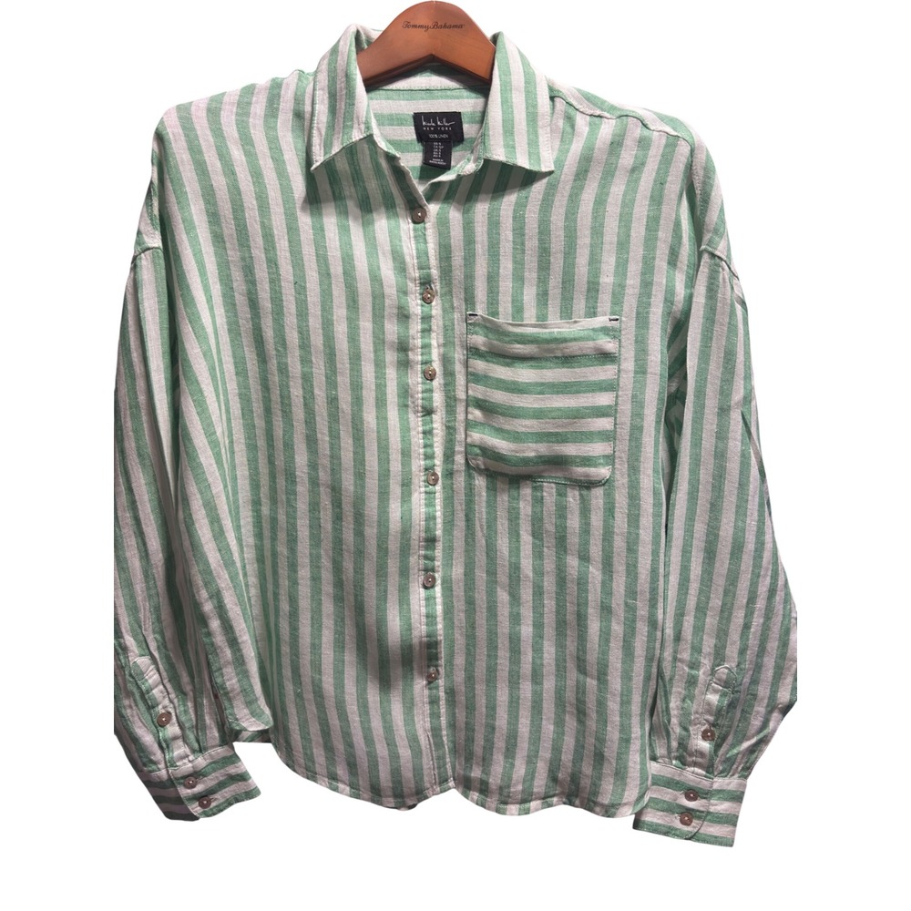 Nicole Miller Linen Button Down Shirt Womens S Green White Striped Excellent